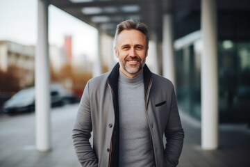 medium shot portrait of a happy Polish man in his 40s wearing a chic cardigan against a modern architectural background
