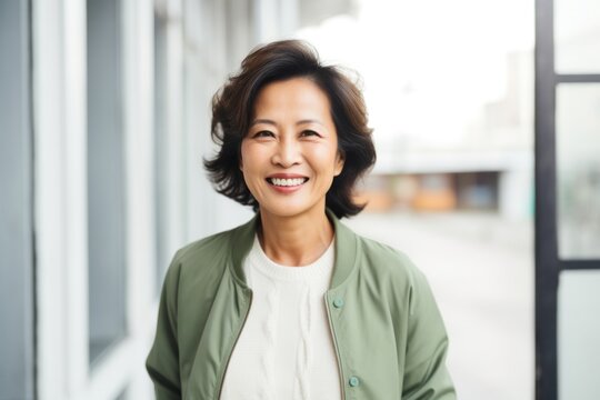 portrait of a happy Filipino woman in her 50s wearing a chic cardigan against a white background