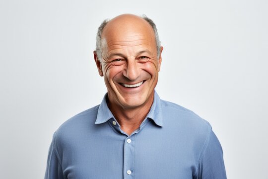 portrait of a happy Israeli man in his 50s wearing a chic cardigan against a white background