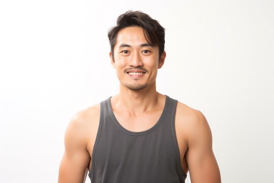 portrait of a happy Japanese man in his 30s wearing a sporty tank top against a white background