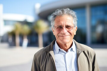 medium shot portrait of a happy Israeli man in his 50s wearing a chic cardigan against a modern architectural background