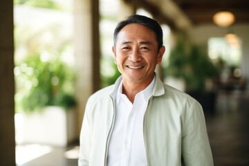 Fototapeta premium portrait of a happy Filipino man in his 50s wearing a chic cardigan against a white background
