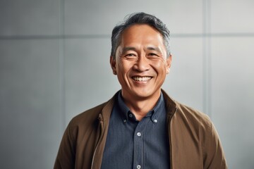 Fototapeta premium portrait of a happy Filipino man in his 50s wearing a chic cardigan against a white background