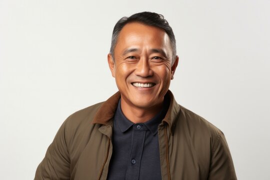 portrait of a happy Filipino man in his 50s wearing a chic cardigan against a white background