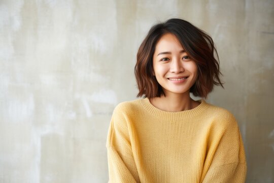 medium shot portrait of a happy Japanese woman in her 30s wearing a cozy sweater against an abstract background