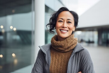 portrait of a happy Filipino woman in her 50s wearing a cozy sweater against a modern architectural...