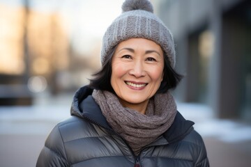 portrait of a happy Filipino woman in her 50s wearing a cozy sweater against a modern architectural background