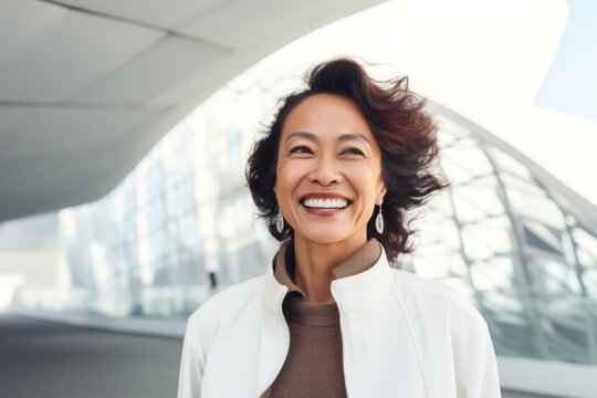portrait of a happy Filipino woman in her 50s wearing a chic cardigan against a modern architectural background