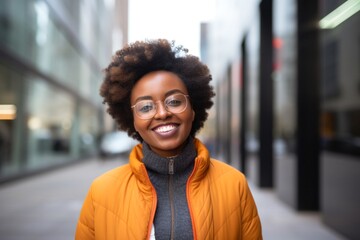medium shot portrait of a happy Kenyan woman in her 30s wearing a cozy sweater against a modern architectural background