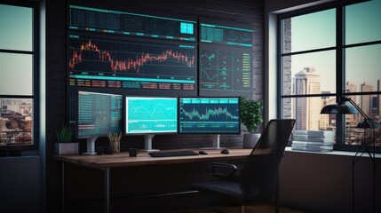 Stock market growth graph, financial neon chart on screen in modern office