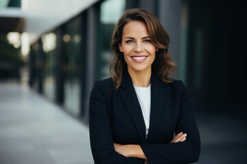 medium shot portrait of a happy Polish woman in her 30s wearing a sleek suit against a modern architectural background