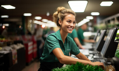 Pretty young smiling cashier at the supermarket by cash register during work. Check out counter - obrazy, fototapety, plakaty