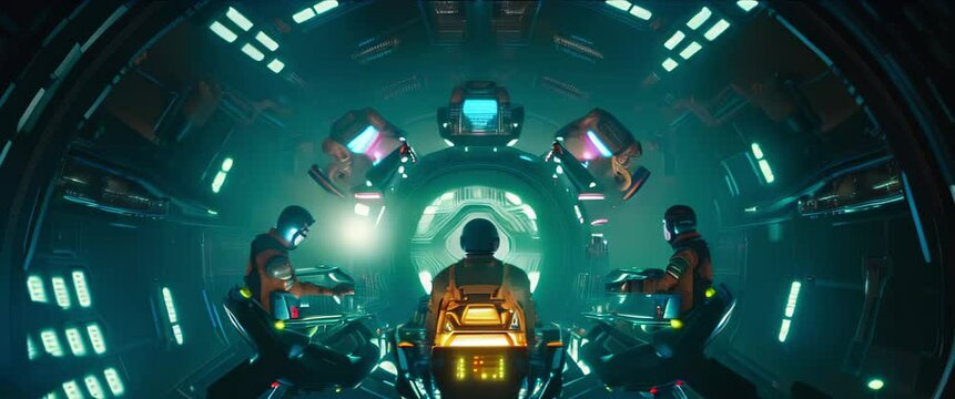 A group of people sitting in large sci-fi command room with futuristic computer. High quality 4k footage