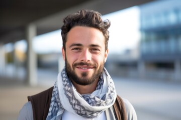 Fototapeta premium medium shot portrait of a Israeli man in his 30s wearing a foulard against a modern architectural background