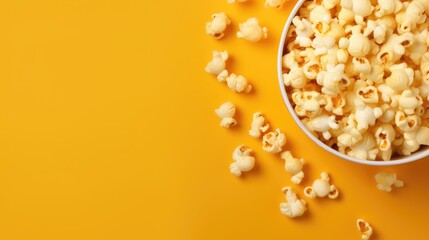 Fototapeta na wymiar Popcorn viewed from above on yellow background. Flat lay of pop corn bow