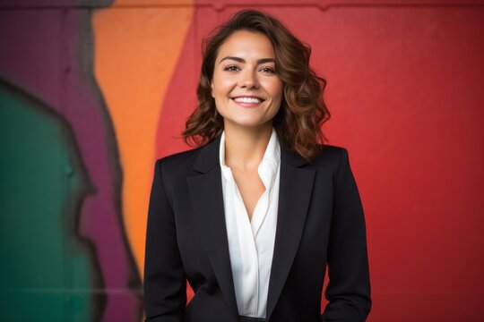 portrait of a happy Mexican woman in her 30s wearing a classic blazer against an abstract background