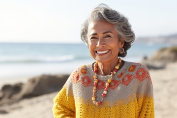 portrait of a happy Mexican woman in her 90s wearing a cozy sweater against a beach background