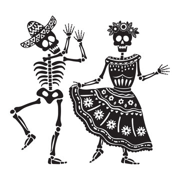 Couple of skulls dancing. Man with sombrero and woman with dress and flowers on head. Vector illustration in black and white