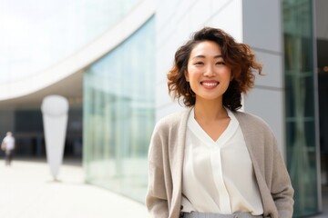 medium shot portrait of a Japanese woman in her 30s wearing a chic cardigan against a modern architectural background - obrazy, fototapety, plakaty