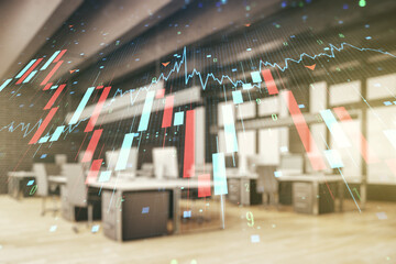 Obraz premium Double exposure of abstract virtual global crisis chart and world map hologram on modern corporate office background. Financial crisis and recession concept
