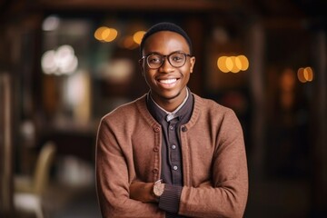 medium shot portrait of a Kenyan man in his 20s wearing a chic cardigan against an abstract background