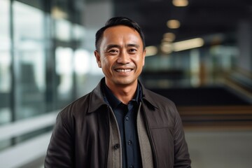 portrait of a Filipino man in his 50s wearing a chic cardigan against a modern architectural background