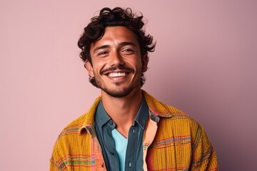 medium shot portrait of a Mexican man in his 20s wearing a chic cardigan against an abstract background