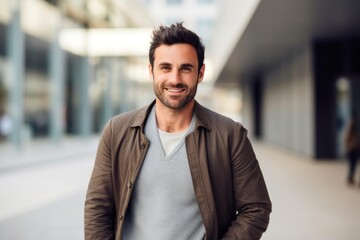 Obraz premium portrait of a Israeli man in his 30s wearing a chic cardigan against a modern architectural background