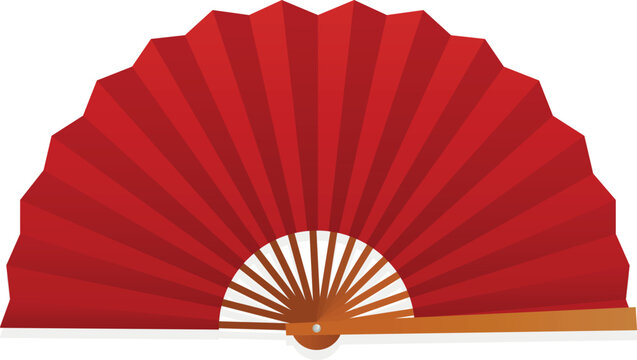 Paper hand fan red folded Asian traditional accessory with bamboo handle vector flat illustration