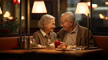 Fototapeta na wymiar Elderly couple dining in a restaurant looking at each other in love
