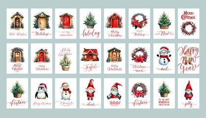 Set of popular Christmas tag templates card with variant watercolor and vector element.