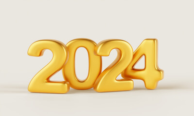 2024 golden Happy New Year numbers 3d render banner design. Luxury shine gold metal font, typography for calendar, greeting card and celebration of Christmas on beige background. 3D illustration