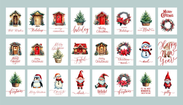 Set of popular Christmas tag templates card with variant watercolor and vector element.