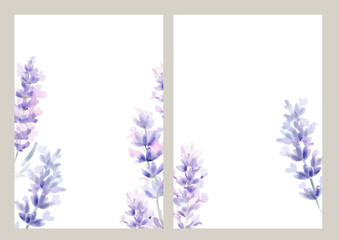 Template with watercolor lavender. Birthday or Wedding cards. Vector design element, wreaths of lavender.