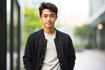 Fototapeta premium portrait of a Japanese man in his 20s wearing a chic cardigan against an abstract background