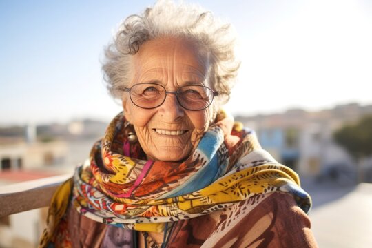 portrait of a Israeli woman in her 90s wearing a foulard against an abstract background