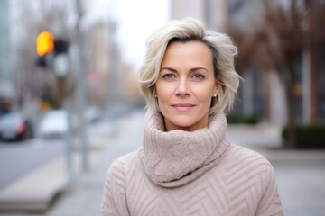 medium shot portrait of a Polish woman in her 40s wearing a cozy sweater against a modern architectural background