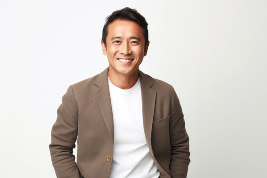 medium shot portrait of a confident Filipino man in his 40s wearing a chic cardigan against a white background