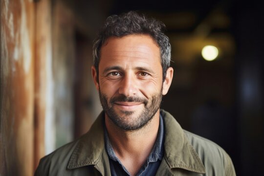 medium shot portrait of a confident Israeli man in his 40s wearing a chic cardigan against an abstract background