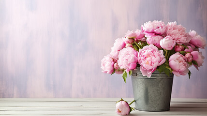 pink peonies in an iron bucket background with a copy space.