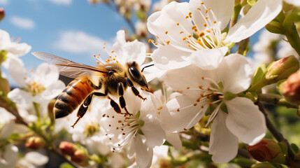A bee pollinating apple blossoms, captured in mid-flight as it moves from flower to flower - obrazy, fototapety, plakaty