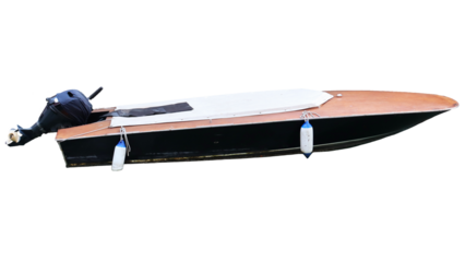 Motor boat for the transportation in Venice canals isolated PNG photo with transparent background. Boat and motorboat on water. High quality cut out scene element.