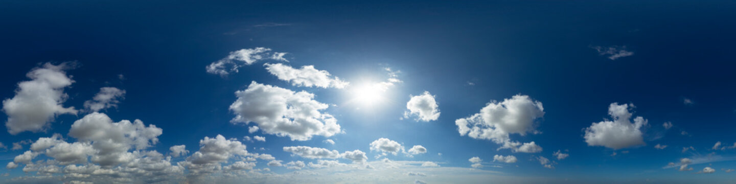 360 VR 2:1 equirectangular blue sky with clouds background overlay. Ideal for 360 VR sky replacement. High quality 300 dpi, adobe rgb color profile