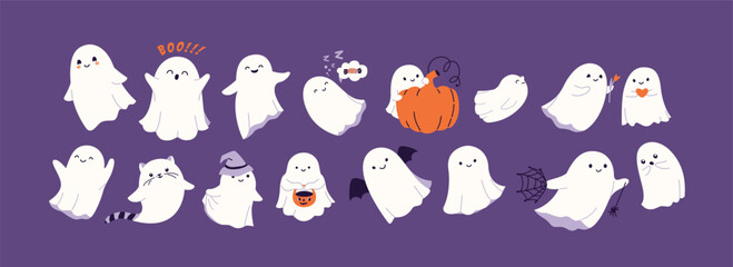 Halloween ghost set vector illustration. Cute funny happy spirits with