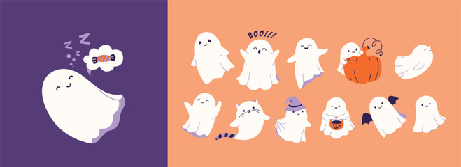 Naklejka premium Halloween ghost set vector illustration. Cute funny happy spirits with