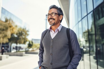 portrait of a Mexican man in his 40s wearing a chic cardigan against a modern architectural background