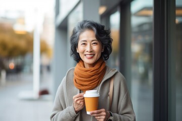 medium shot portrait of a confident Japanese woman in her 40s wearing a chic cardigan against a modern architectural background