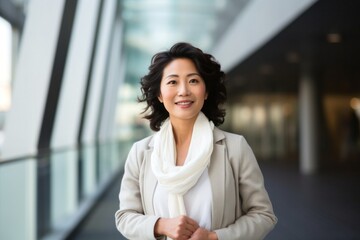 medium shot portrait of a confident Japanese woman in her 40s wearing a chic cardigan against a modern architectural background