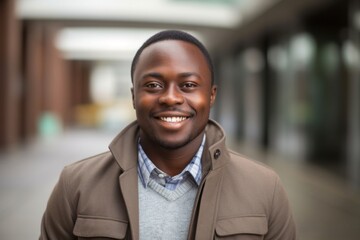 medium shot portrait of a confident Kenyan man in his 30s wearing a chic cardigan against a modern architectural background