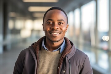medium shot portrait of a confident Kenyan man in his 30s wearing a chic cardigan against a modern architectural background